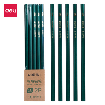得力(deli)经典绿杆学生2B铅笔六角笔杆考试素描绘图铅笔10支33312